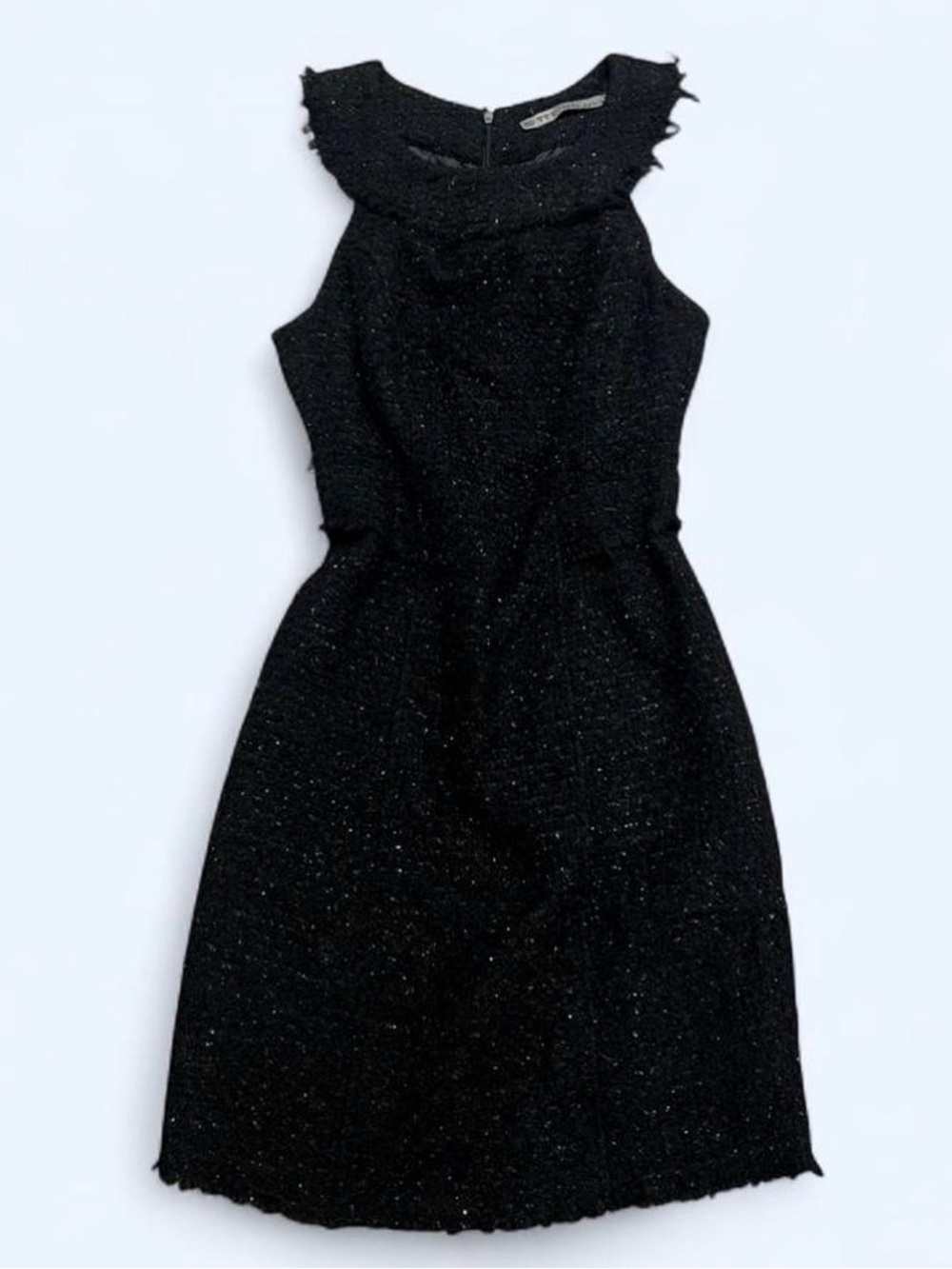 Zara Black Sleeveless Tweed Midi Dress with Frayed Neckline